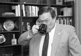 Robert Bess drinks coffee on his first day as interim president, St. Cloud State University