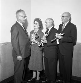 Building dedication ceremony with Robert Wick, Marie Case, Wilbur Holes, and Philip Halenbeck, St. Cloud State University