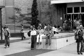 Students gather in front of Stewart Hall (1948), St. Cloud State University