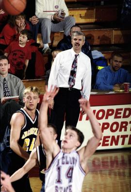 St. Cloud State University coach Kevin Schlagel watches the action against Augustana College