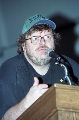 Filmmaker Michael Moore speaks at Ritsche Auditorium, St. Cloud State University