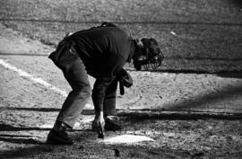 An umpire clears home plate during a St. Cloud State University baseball game against Southwest State University