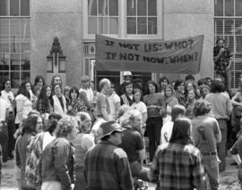 Protestors listen to a speech, Day of Peace protest, St. Cloud State University