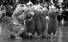 The San Diego Chicken plays follow the leader with children, St. Cloud State University