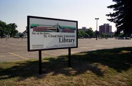 Sign announcing the location of the new campus library, St. Cloud State University