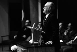 Former St. Cloud State University president Robert Wick speaks at the dedication of the Wick Science Building (1973), St. Cloud State University