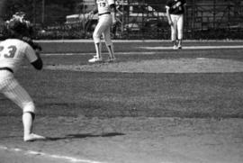 Jeff Schlink waits for a baseball at first base during a St. Cloud State University baseball game against the University of Minnesota-Duluth