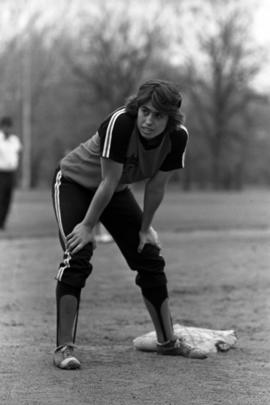 Patti Decker stands on a base during a softball game against Southwest State University, St. Cloud State University