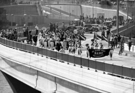 Marching band at the parade opening the new University Bridge, St. Cloud State University