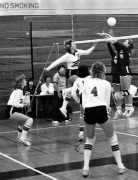 St. Cloud State University volleyball player Suzie Raskob spikes the ball in a match against the College of St. Catherine