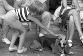 A girl pets a dog at the Atwood Memorial Center (1966) pet show, St. Cloud State University