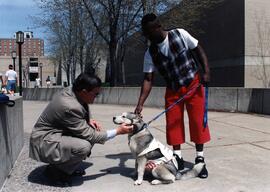 Robert Bess pets a Husky dog, St. Cloud State University