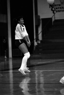 Kathy Davis gets ready to bump a volleyball during a volleyball match against Mankato State, St. Cloud State University