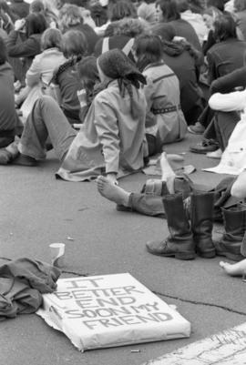 Protestors listen to a speech, Day of Peace protest, St. Cloud State University