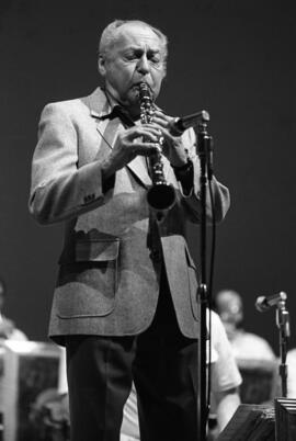 Bandleader Woody Herman plays the clarinet during a performance at Stewart Hall (1948), St. Cloud State University