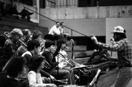 Pep band plays at a St. Cloud State men's basketball game against Morningside College