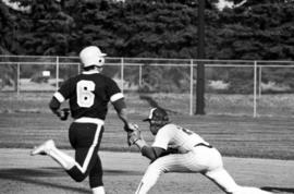 Jeff Schlink catches a baseball at first base during a St. Cloud State University baseball game against Southwest State University