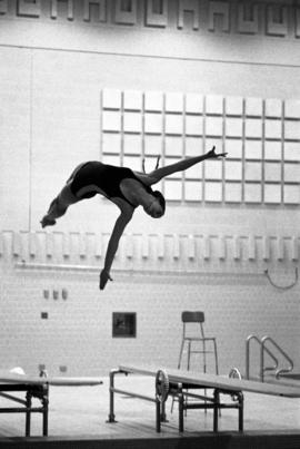 Colleen Campbell dives in a meet against Gustavus Adolphus, St. Cloud State University