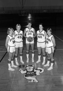 Women's basketball players Gwen Frederick, Linda Nelson, Ramona Rugloski, Bonnie Henrickson, and Dawn Anderson, St. Cloud State University