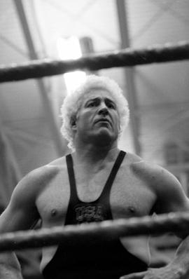 Wrestler Ken Patera waits in the ring at Halenbeck Hall (1965), St. Cloud State University