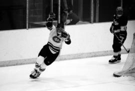 St. Cloud State University hockey player Bret Hedican celebrates after scoring a goal during a game against Michigan Tech University, St. Cloud State University