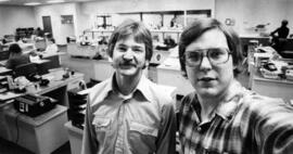 Steve Woit and Mike Knaak in the St. Cloud Times newsroom, St. Cloud State University