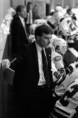 St. Cloud State hockey coaches Mike Eaves and Craig Dahl during a hockey game