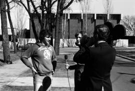 Bryant Bechler is interviewed before his swin across the Mississippi River, St. Cloud State University