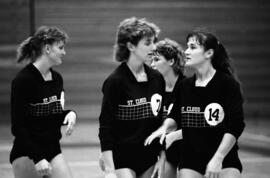 Kathy Davis stands with teammates during a volleyball match against Macalester College, St. Cloud State University