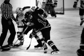 Two hockey players prepare for a faceoff, St. Cloud State University