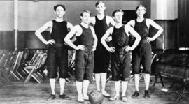 Men basketball team featuring Lindquist, Williams, Day, Vogel, and Anderson, St. Cloud State University