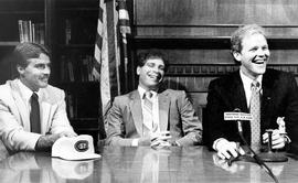 Mike Eaves, Morris Kurtz, and Craig Dahl at press conference announcing Craig Dahl's hiring as hockey coach, St. Cloud State University