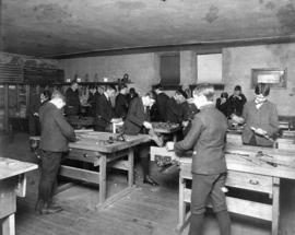 Students work in a woodworking classroom, Old Main Building (1874), St. Cloud State University