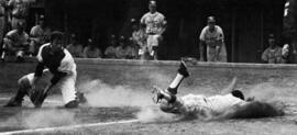 "Mike Trewick slides headfirst into home to score easily in the Huskies' 5-1 win over Morris," St. Cloud State University