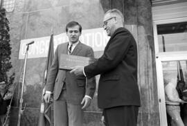 President Robert Wick is given a granite plaque of appreciation by St. Cloud State students in front of Stewart Hall (1948)