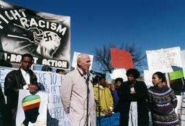 President Brendan McDonald speaks at a rally, St. Cloud State University