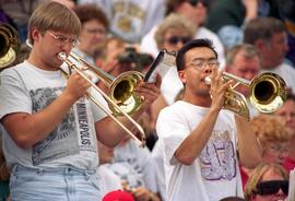 Band plays in the stands at a football game, St. Cloud State University