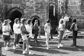 Christine Mitchell talks to St. Cloud State students at a castle near Alnwick, England