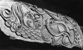 Roger Schwitalla sculpture of Odin at the front entrance of Kiehle (1952), St. Cloud State University