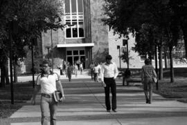 Students walk on campus near Stewart Hall (1948), St. Cloud State University