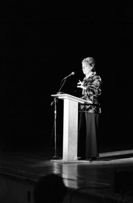 Transgender person Christine Jorgensen speaks at the Stewart Hall (1948) auditorium for the National Entertainment Conference, St. Cloud State University