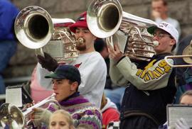 Band plays in the stands at a football game, St. Cloud State University