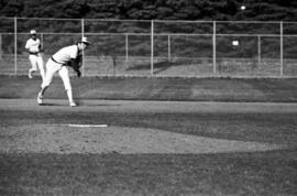 Bob Hegman throws a baseball during a St. Cloud State University baseball game against Southwest State University