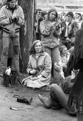 Protestors and Jane Kennedy listen to a speech, Day of Peace protest, St. Cloud State University