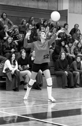 Volleyball player Rose Silbaugh serves a ball in a match against the University of Minnesota-Duluth, St. Cloud State University