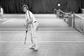 St. Cloud State tennis player Todd Holes plays in a match against University of Wisconsin-Stout