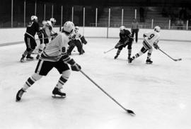 St. Cloud State player Tom Splinter stands in front of the net during a hockey game with St. John's University