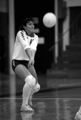 Kathy Davis bumps a volleyball during a volleyball match against Mankato State, St. Cloud State University