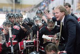 Craig Dahl coaches the St. Cloud State University men's hockey team against Lake Superior State University