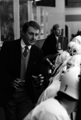 Herb Brooks coaches during a hockey game against the University of Wisconsin-Eau Claire, St. Cloud State University